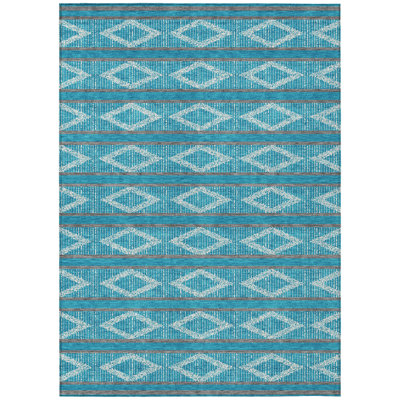 3' X 5' Teal Blue Gray And Ivory Geometric Washable Indoor Outdoor Area Rug