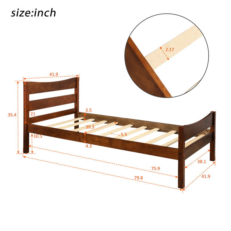 Lit plateforme simple avec tête de lit, fabriqué en bois massif, tête de lit finition noyer, base à lattes en bois