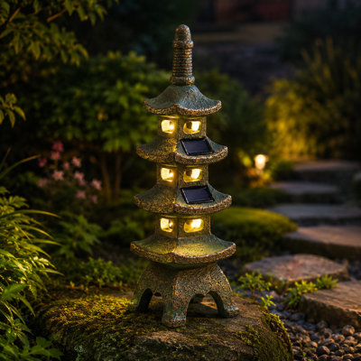 15.8"h Solar Multi-layered Pagoda Garden Statue: Waterproof Resin Zen Decor - Patio Yard Lawn Decoration(bronze)