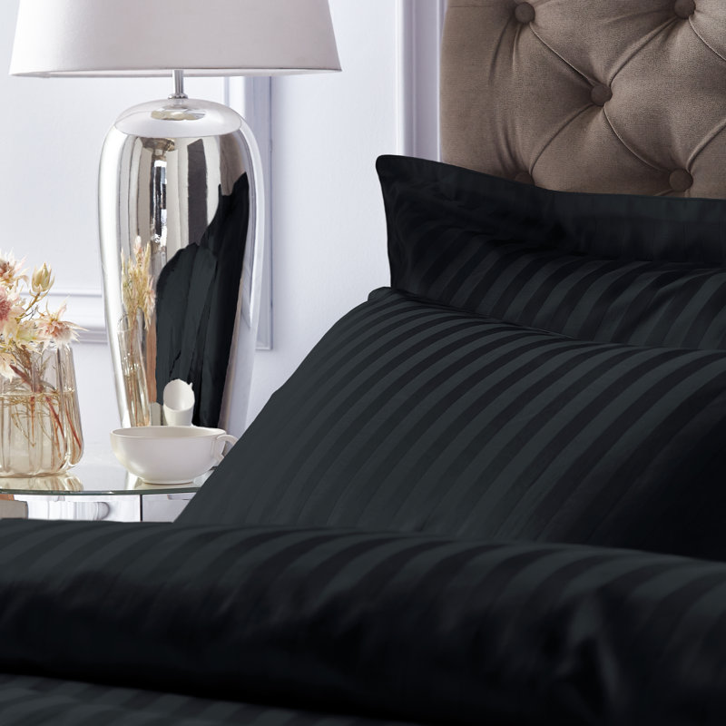 300 Thread Count Cotton Satin Stripe Duvet Cover Set, Single  - 1  Standard Pillowcase, Black