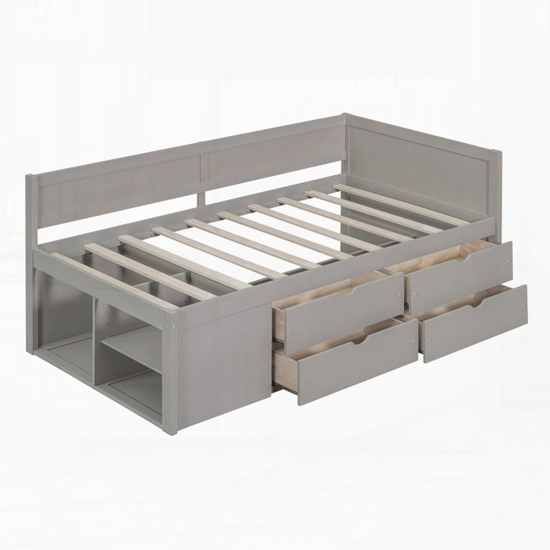 Modern Daybed with Drawers and Shelves, Gray, Twin