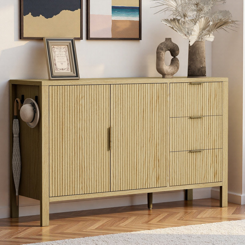 Buffet moderne avec 3 tiroirs, crochets et portes à motif de vagues, Naturel