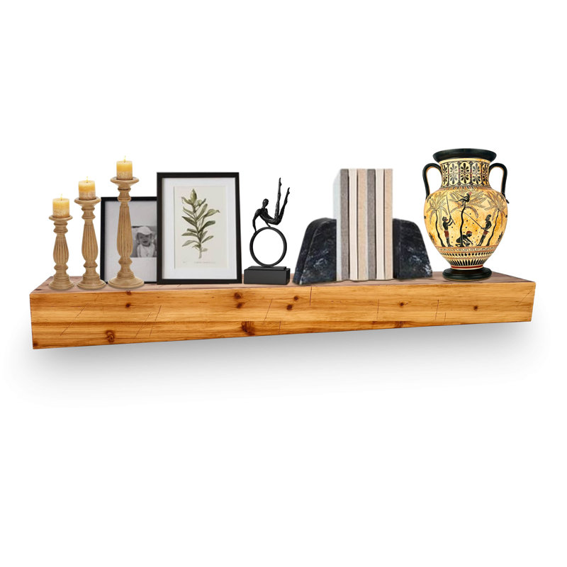 60" Rustic Fireplace Mantel Shelf, Beige Wood, 5.5"H x 72"W x 8.5"D