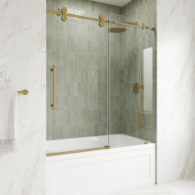 Porte de baignoire coulissante sans cadre avec verre feuilleté 3/8 po l 56-60 po x H 66 po Elan, Or brossé mat