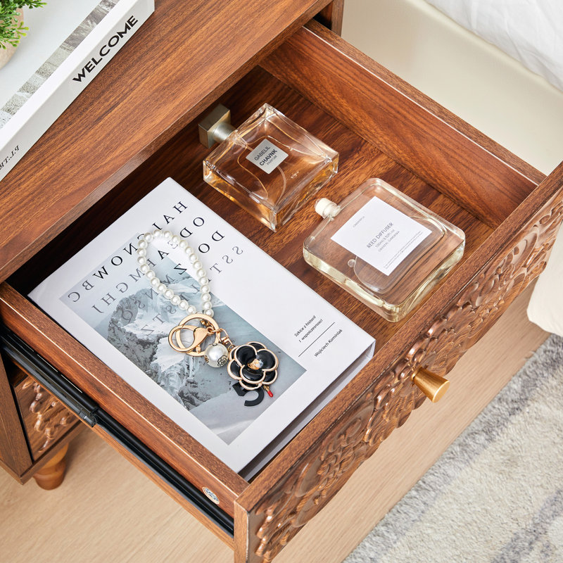 18.14'' Tall 2 Drawer Farmhouse Embossed Nightstands, Walnut