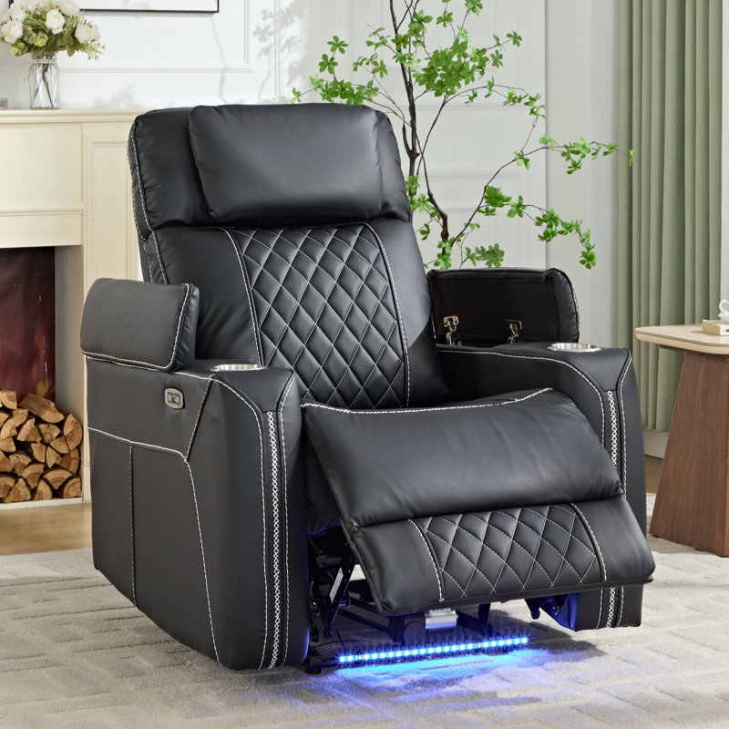 Siège de cinéma maison inclinable électrique en similicuir de 36 po de largeur avec éclairage DEL, port USB, porte-gobelets et rangement pour accoudoirs