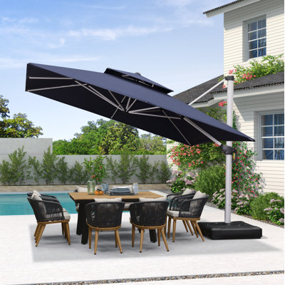 Outdoor 12FT Double Top Square Deluxe Cantilever Umbrella With Base And Umbrella Cover,Navy