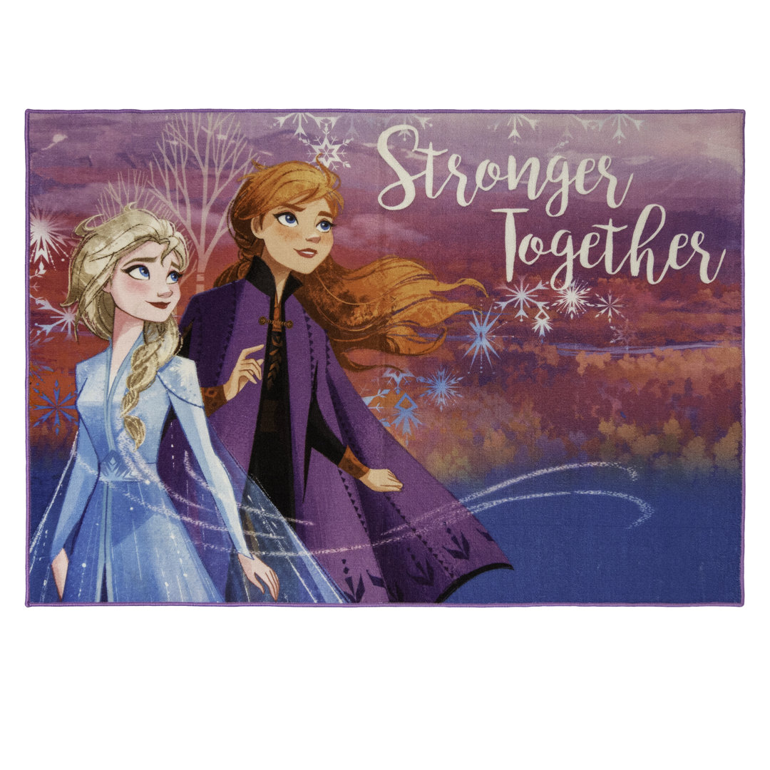 Licensed Disney Frozen's Elsa and Anna 'Stronger Together' Pink Blue Easy Care Non-Slip Polypropylene Youth Area Rug, 4'6"x6'6" Disney