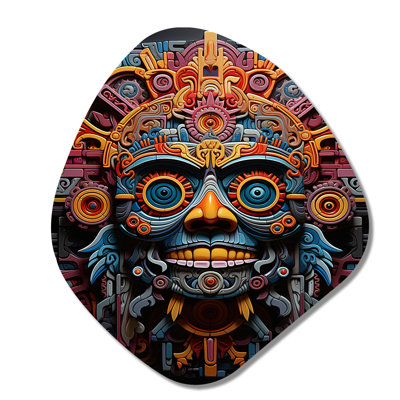 Teal Orange Mexico Vibrant Aztec Mask - Mexico Nebula Shape Metal Wall Sculpture