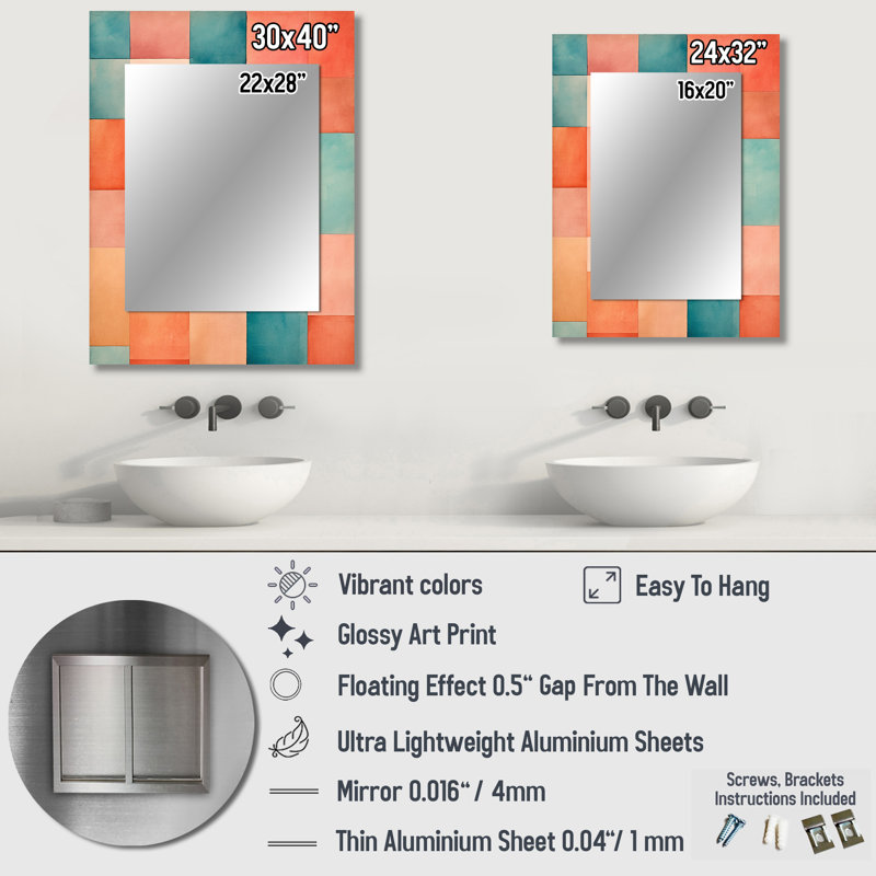 Coral Cubes Melody Shapes I - Abstract Shapes Decorative Wall Mirror, Modern Large Mirror, Printed Metal Art, 40" x 30"