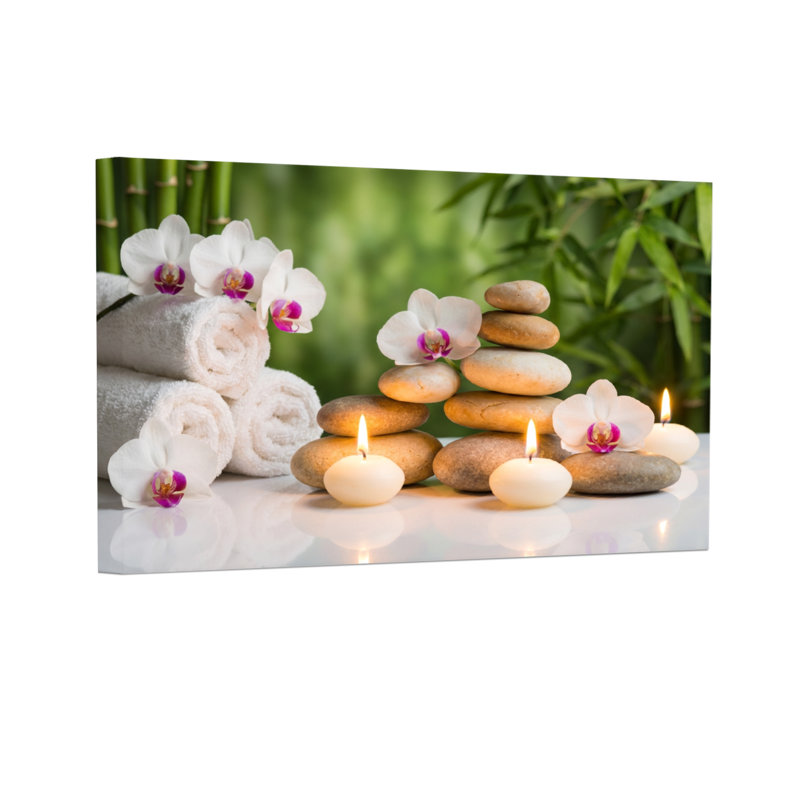 Mode Spa Pierres Bougies Serviettes Fleurs Sur Fond Bambou, H 12 po x l 18 po