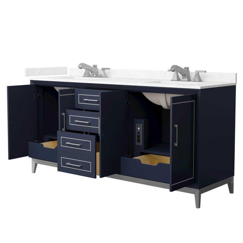 Meuble-lavabo double autoportant de 72 po avec plateau en marbre Marlena, Bleu, Nickel brossé