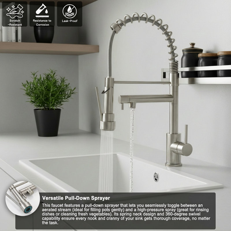 Brushed Nickel Kitchen Faucet With Pull Down Sprayer - Touch On, Single Handle, 2-Function, Stainless Steel, Single Hole Installation | Gift Idea