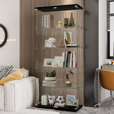 74" Tempered Glass Curio Cabinet 5-Tier China Cabinet Display Rack with Lockable Doors by Latitude Run
