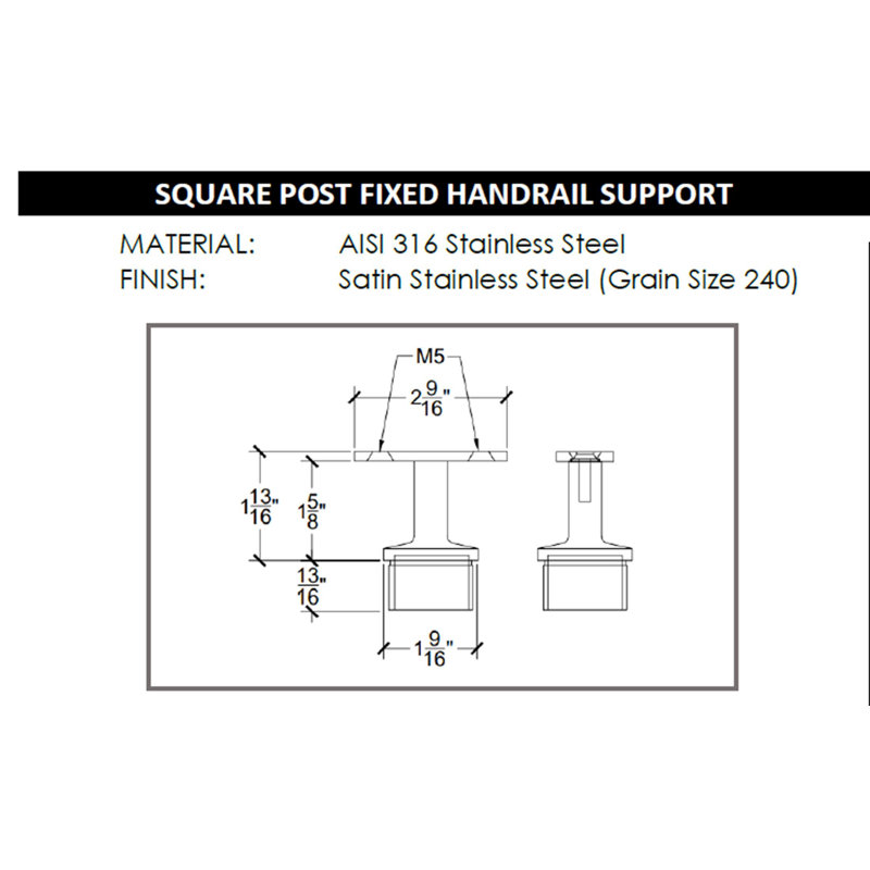 Square Profile Top Mounted Post Flat Fixed Saddle Stainless Steel Handrail Support