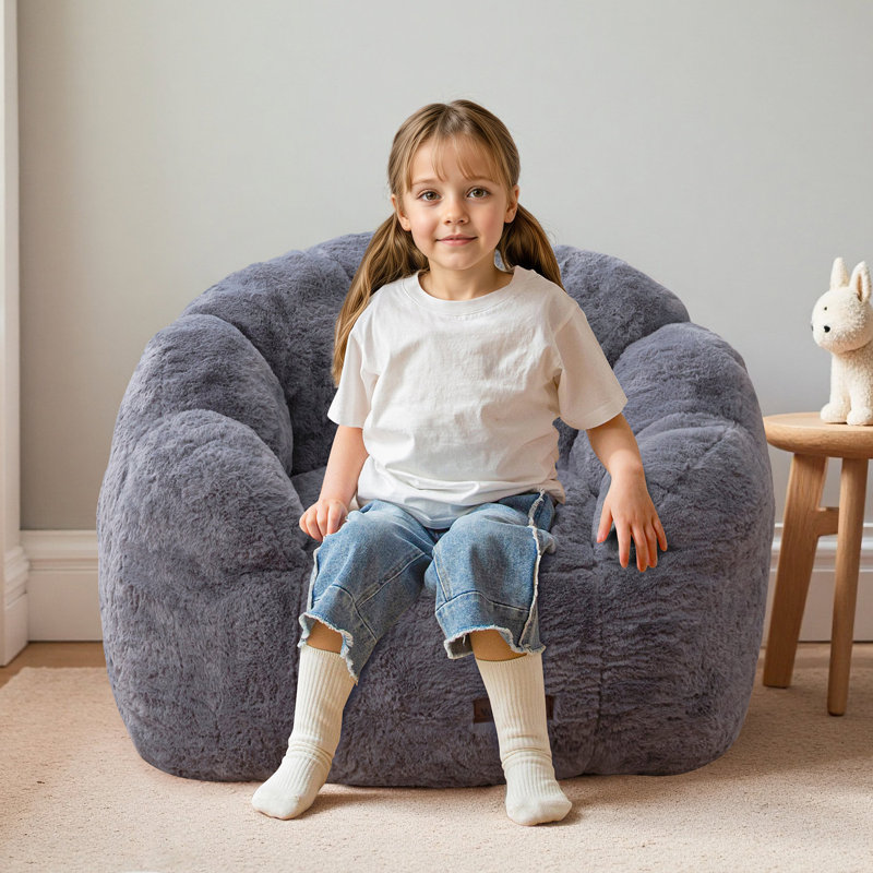 Floral Shaped Kids Bean Bag Chair, Gray Faux Fur