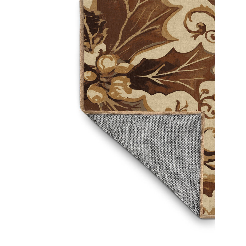 Machine Washable Orlandra Holly Classic Damask Rug in Brown – LightBrown Binding, 8x10