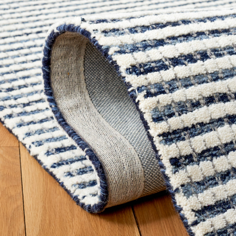Handmade Blue and Ivory Wool Striped 3' x 5' Rug