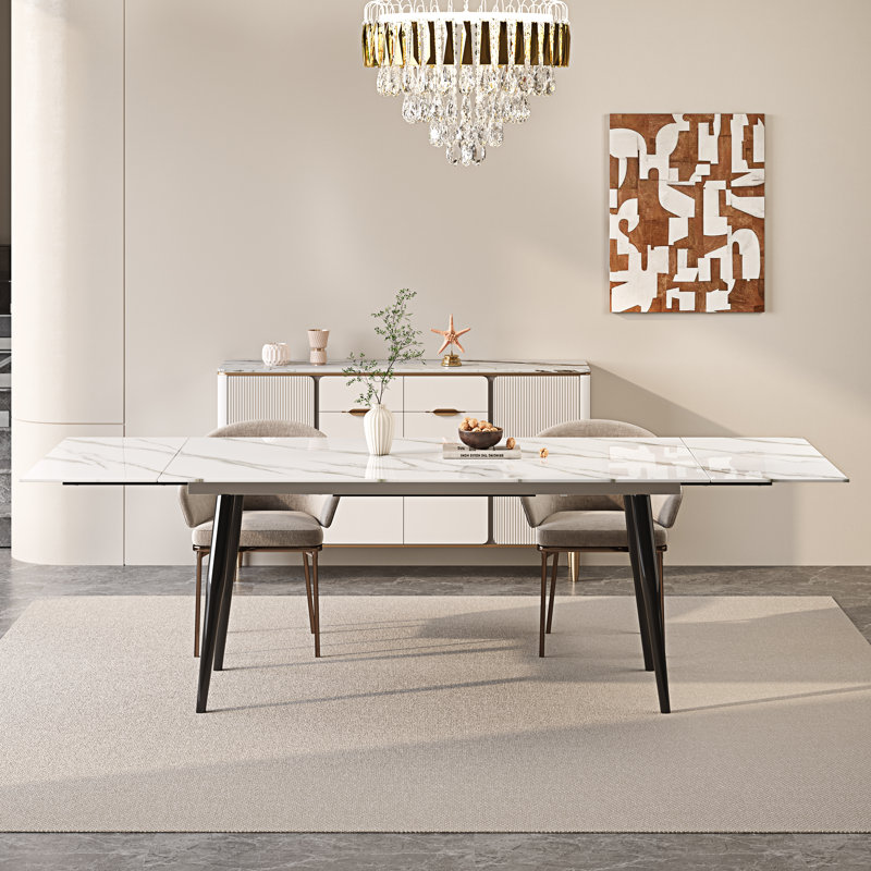 Terynn 63" to 94.5" Extendable Dining Tables for 8 to 10 - Rectangle Sintered Stone Dining Table, Snowy Mountain White, Black