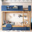Lit double superposé en bois pleine grandeur avec lit gigogne et bibliothèque intégrée, lit superposé pour enfant Safety Guard, bleu, blanc et beige, solution de sommeil peu encombrante