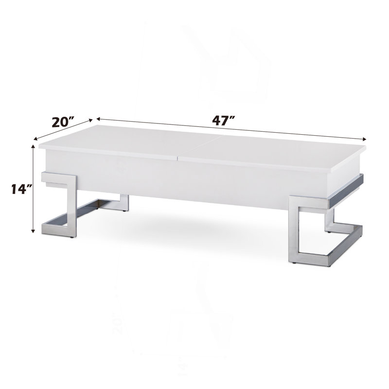 Table basse blanche à finition brillante et chrome avec plateau relevable, Blanc
