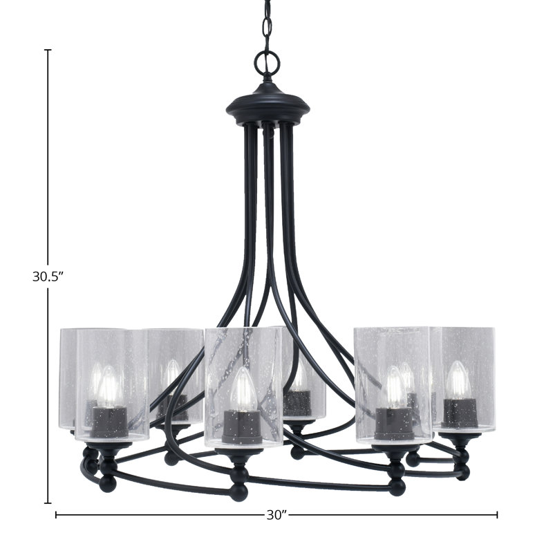 Lustre 8 lumières Sadea illustré avec verre de 4 po, Grainé transparent, Noir mat