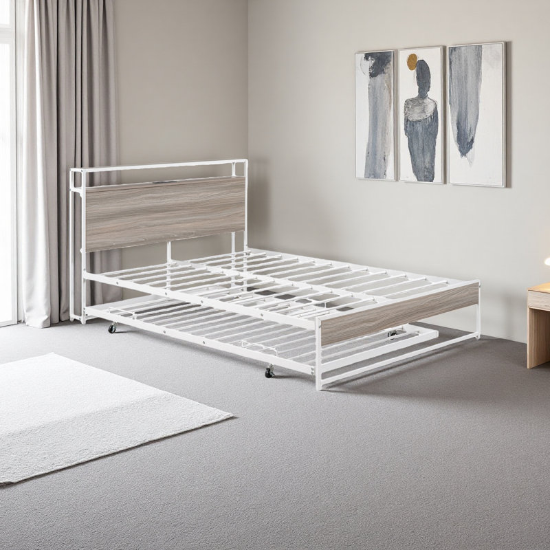 Structure de lit plateforme en métal avec lit gigogne, Blanc, Lit double