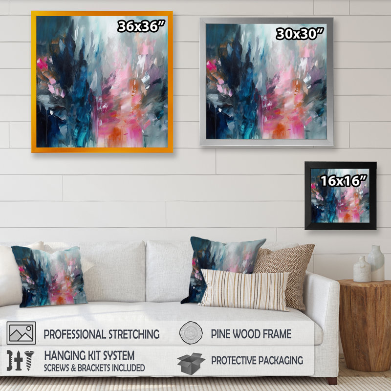 «Delvontae Blue and Pink Explosion Abstract», art mural abstrait, Impression encadrée, H 24 po x l 24 po, Doré