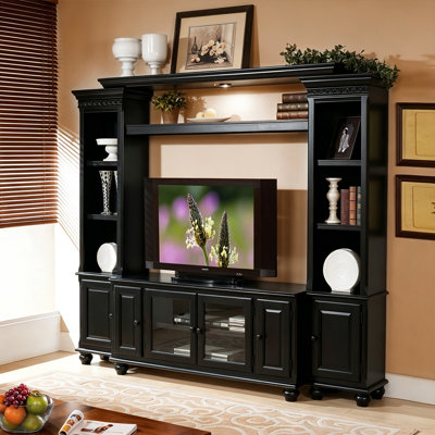 Black Entertainment Center Wall with Open Display Cubbies and Storage Cabinets