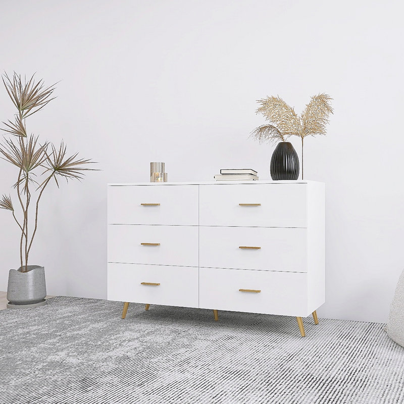 Commode 6 tiroirs à surface ultrabrillante avec poignée dorée et pieds en acier doré