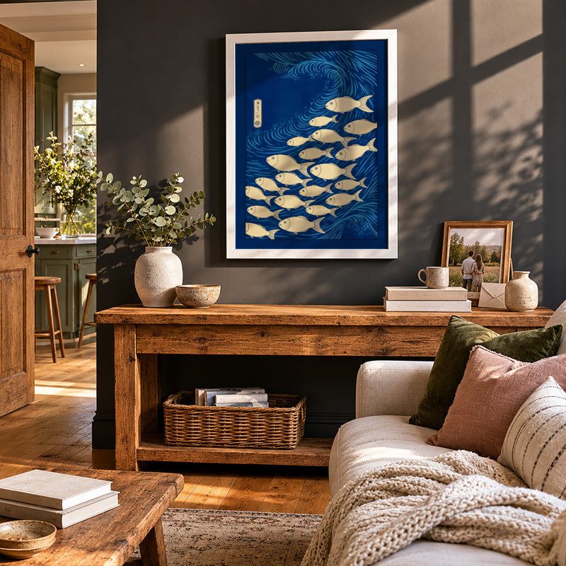 School of Swimming Fish Coastal - Framed Print, A2 - 59.4 x 42.0 cm, White