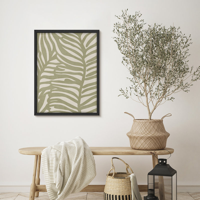 Feuilles vertes, abstrait dans un style minimaliste, affiche rustique encadrée, H 14 po x l 11 po, Noir
