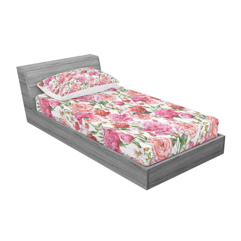 Microfiber Floral Sheet Set, Twin Sheet Set + Fitted Sheet + 1 Pillowcase, Pink/Amber/Blue Floral