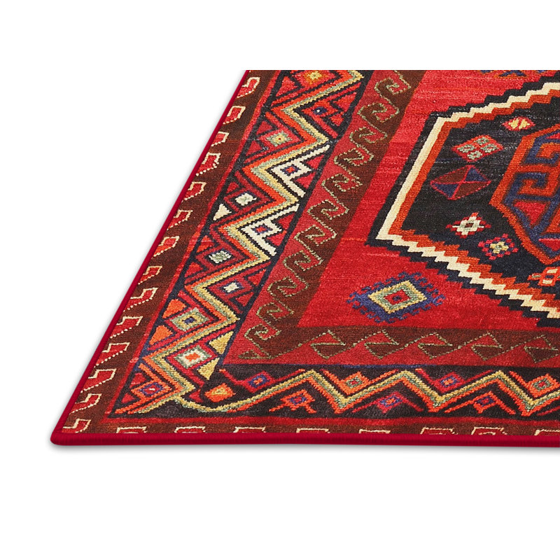 Tapis traditionnel rouge / noir / jaune clair, Rectangle 7 pi x 9 pi