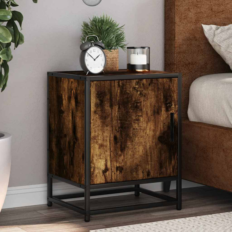 40cm W Metal Bedside Table, Smoked Oak