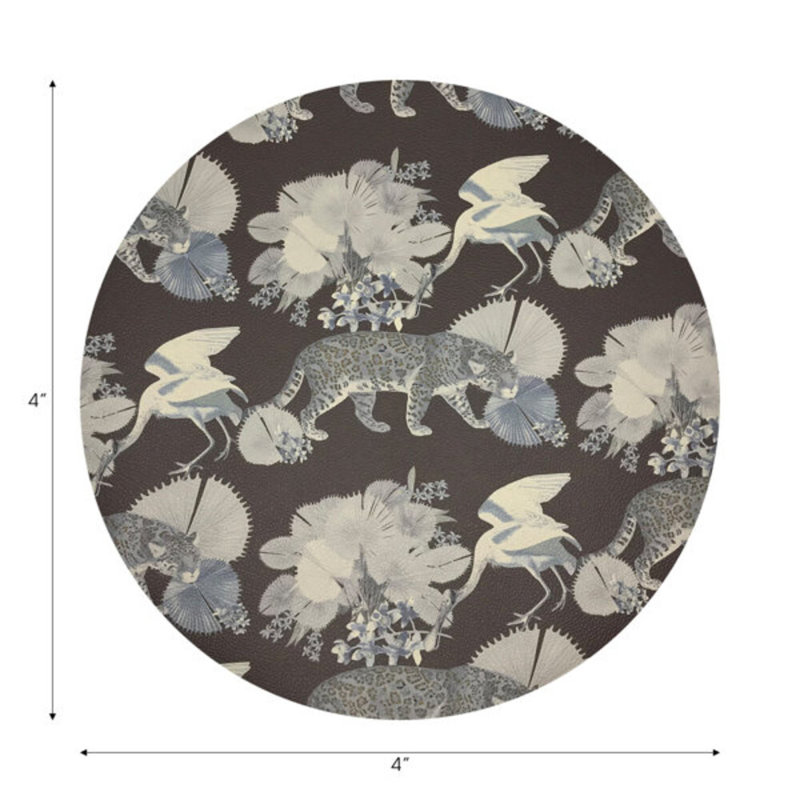 Leopard Walk Powder Vegan Leather Round Coasters, Chocolatte