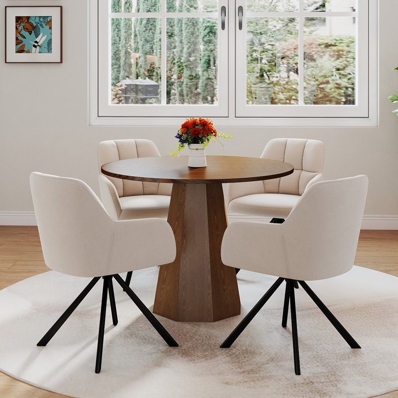Ensemble de tables de salle à manger rondes de style Mid-Century avec chaises pivotantes, Noyer, 5 pièces: table, 4 chaises