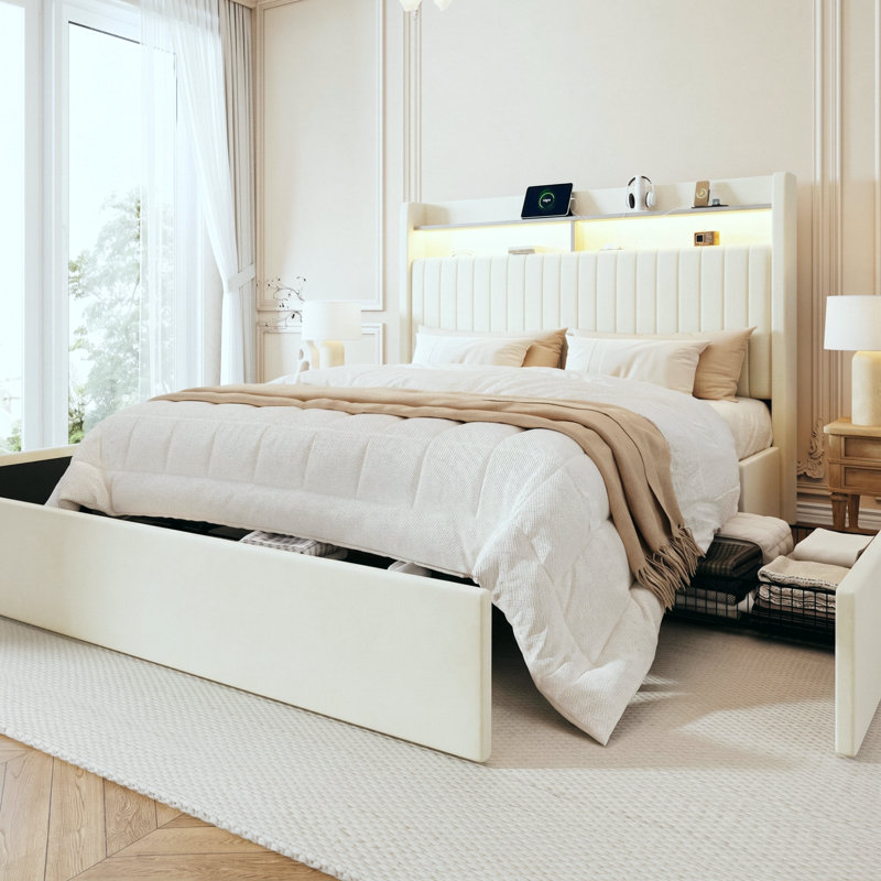 Base de lit plateforme avec rangement moderne avec tête de lit à DEL avec tablette, station de charge et 3 tiroirs, contrôle des applications