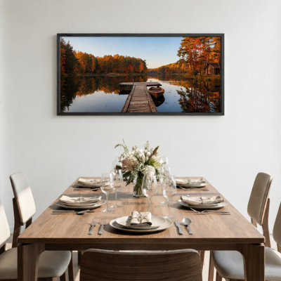 Wooden Dock and Rowboat at Golden Autumn Lake Canvas Wall Art
