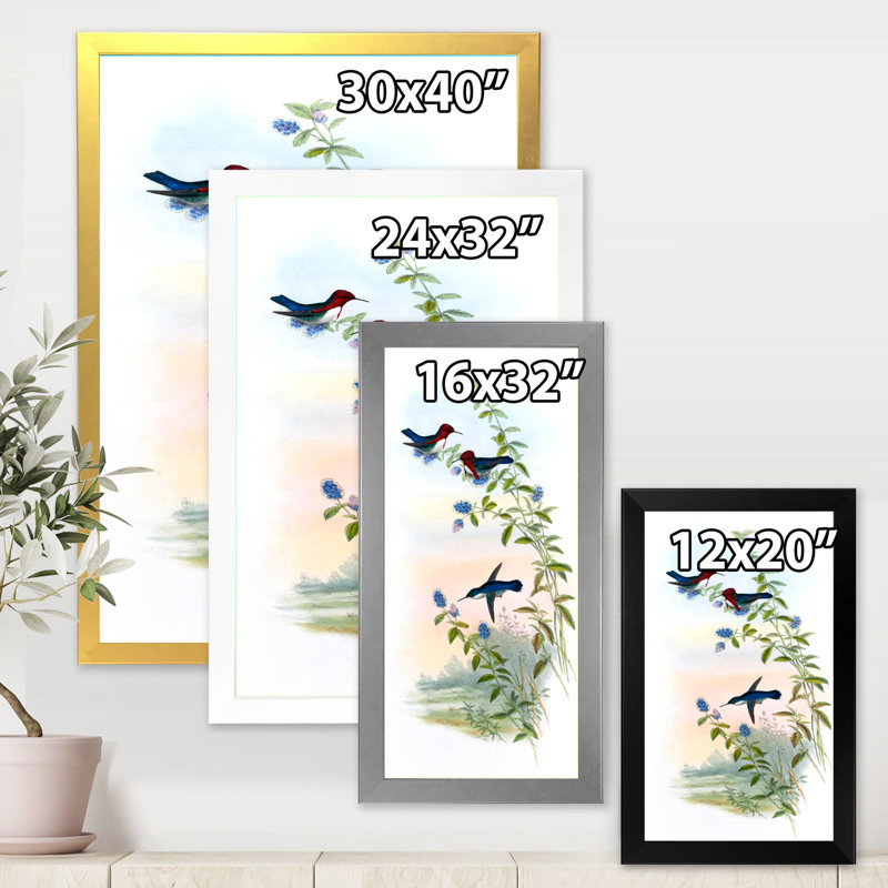 Colibri rétro II - peinture sur toile, Cadre photo blanc, H 32 po x l 16 po x P 1 po