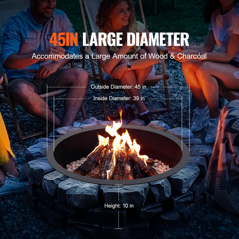 Anneau de foyer d'extérieur, 45 pouces de diamètre extérieur / 39 pouces de diamètre intérieur, insert de foyer d'extérieur de 10 pouces de hauteur, anneau de feu de camp en acier au carbone robuste pour le camping en plein air ou au sol, pour les feux de camp