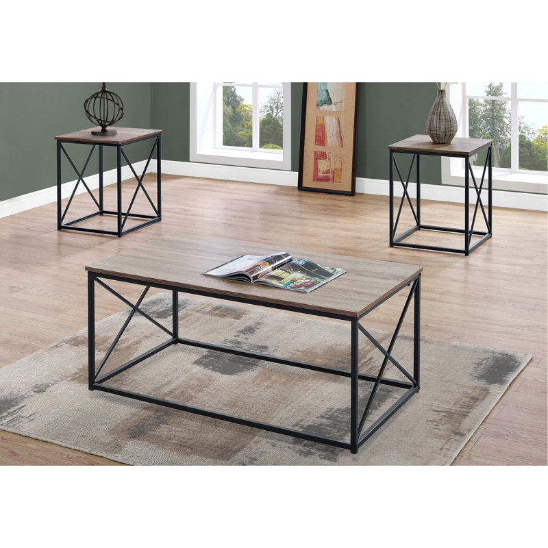 Ensemble de 3 pièces : table basse et 2 tables d'appoint, structure en métal noir, couleur taupe. Idéal pour le salon : grande surface et cadre élégant.