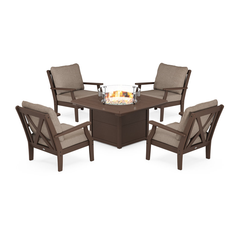 Braxton 5-Piece Deep Seating Conversation Set with Fire Pit Table, Mahogany, Spiced Brown Revolution®