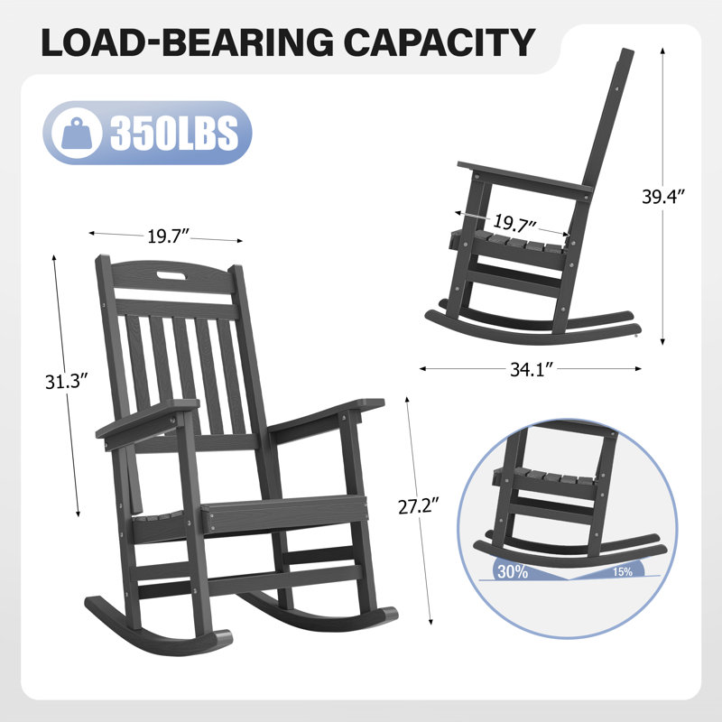 Ensemble de 2 chaises berçantes d'extérieur, chaise berçante de patio surdimensionnée et résistante aux intempéries, siège de véranda en poly haut dossier, capacité de 350 lb pour la pelouse et le jardin, gris