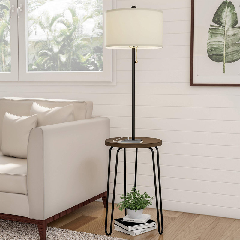 Mid Century Modern Floor Lamp End Table With USB Charging Port, Matte Finish