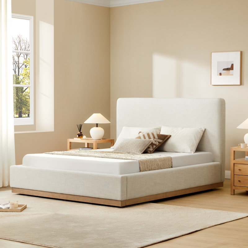 Lit plateforme Eterna avec tête de lit tapissier en tissu et base en bois, Grand