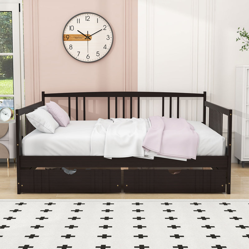 2 Drawers Full Wooden Daybed with Center Legs, Espresso