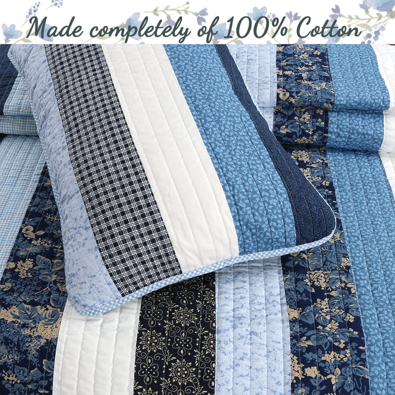 Ensemble de courtepointe réversible blanc / bleu / bleu marine , Courtepointe très grand + 2 taies décoratives