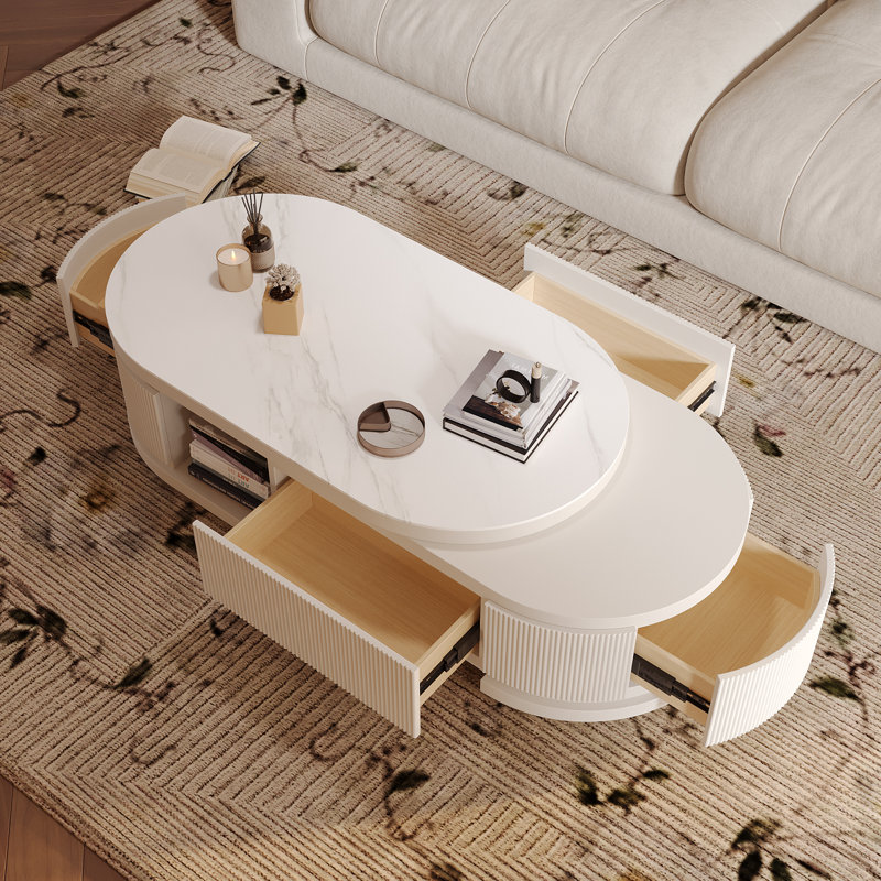 White Modern Extendable Coffee Table with Storage - Light Luxury Oval Living Room Center Table (47.24" to 61" Stretching/Contracted Form)