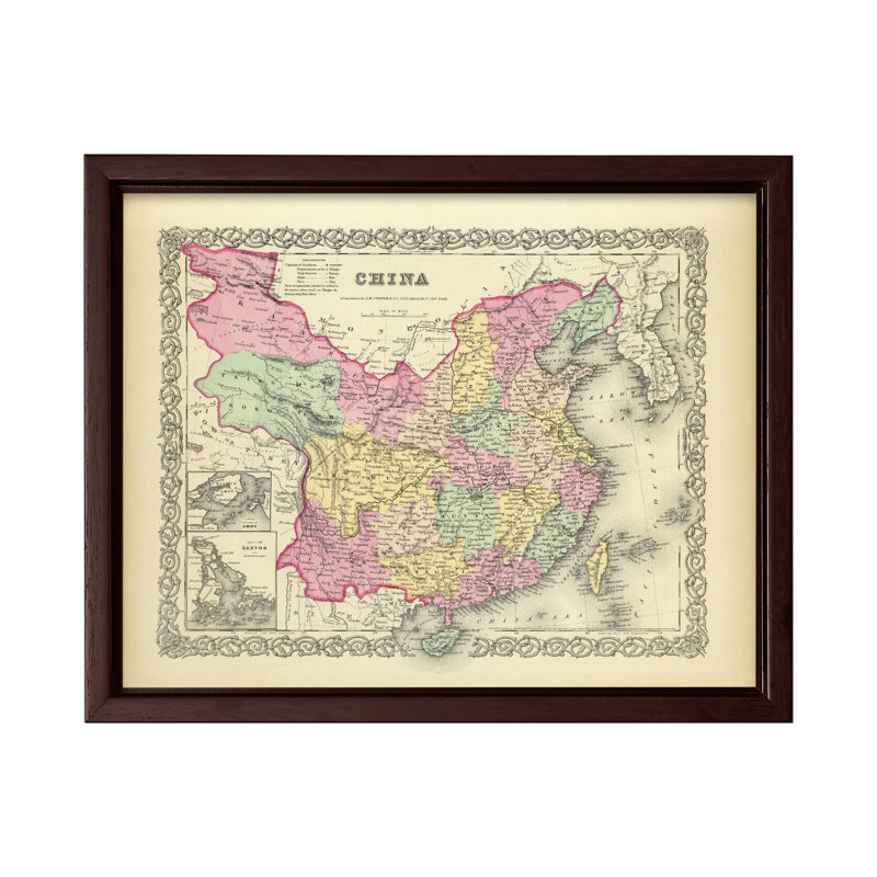 Carte de la Chine, Canevas, Encadrement brun, H 11 po x l 14 po